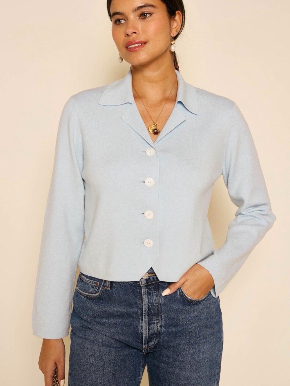 RIXO Aara Wool-Blend Cardigan in Pale Blue